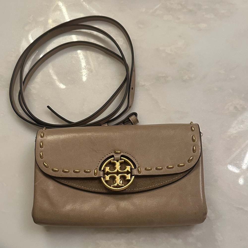 Tory Burch Beige Crossbody Bag with Gold Accents